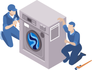 dos hombres de servicio técnico reparando lavadora industrial