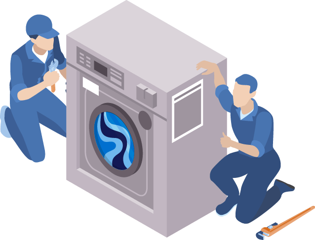 dos hombres de servicio técnico reparando lavadora industrial